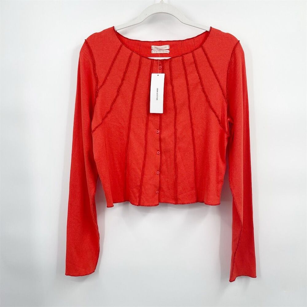 Urban Outfitters Ribbed Exposed Seam‎ Button Front Top XL Red Orange Long Sleeve